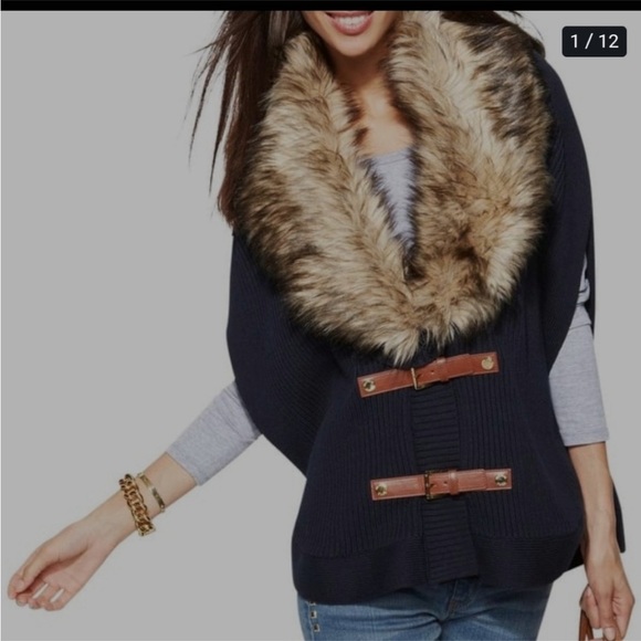 MICHAEL KORS ANGORA BLEND FUR COLLAR BUCKLE SWEATER NAVY BLUE SIZE MEDIUM - Picture 14 of 14